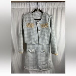 QYYFS Faux Tweed/Fur Suit Dress WOMAN XL Blue Houndstooth Long Sleeves Zipper